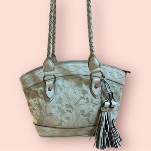 Patricia Nash Leather Floral Tooled Woven Double Handle Shoulder Bag